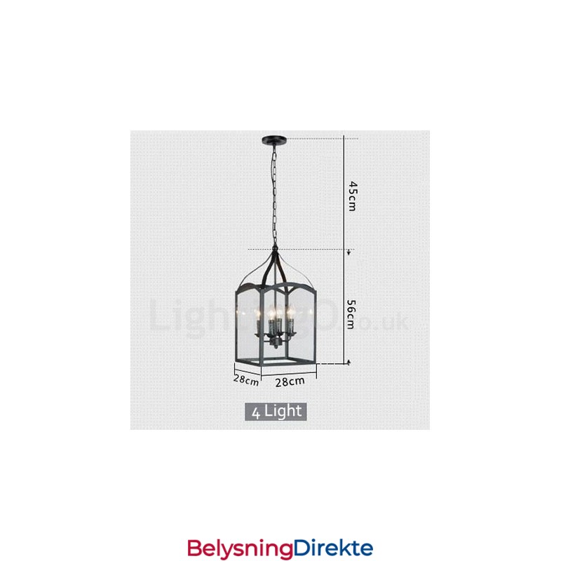 Rustikk Pendellampe I Svart Metall Med 4 Lys Og Glassskjerm