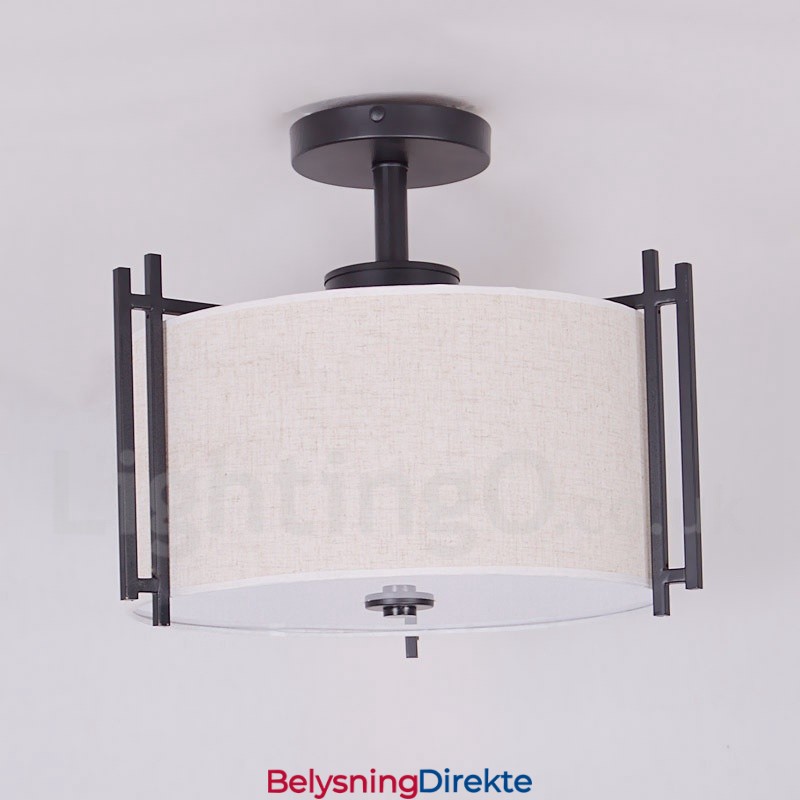 Rustikk Lodge Metalltrommependellampe Med Stoffskjerm