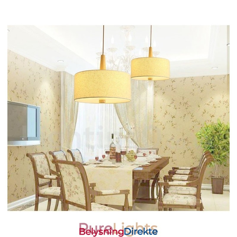 Moderne, Samtidskunstnerisk Trommependellampe I Tre Med Stoffskjerm