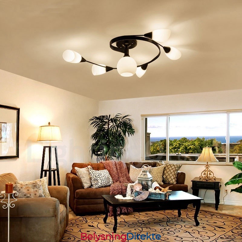 Rustikk Integrert Lysekrone Med 6 Lys Og Glassskjerm