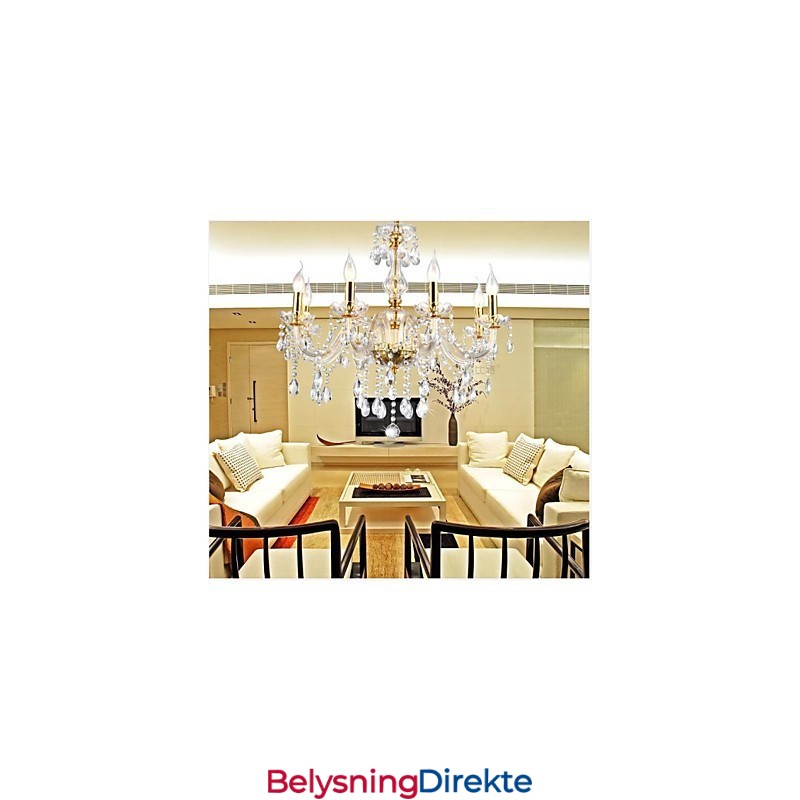 Lysekrone Med 6 Lys I Gyllen Vintage-Stil I Krystall