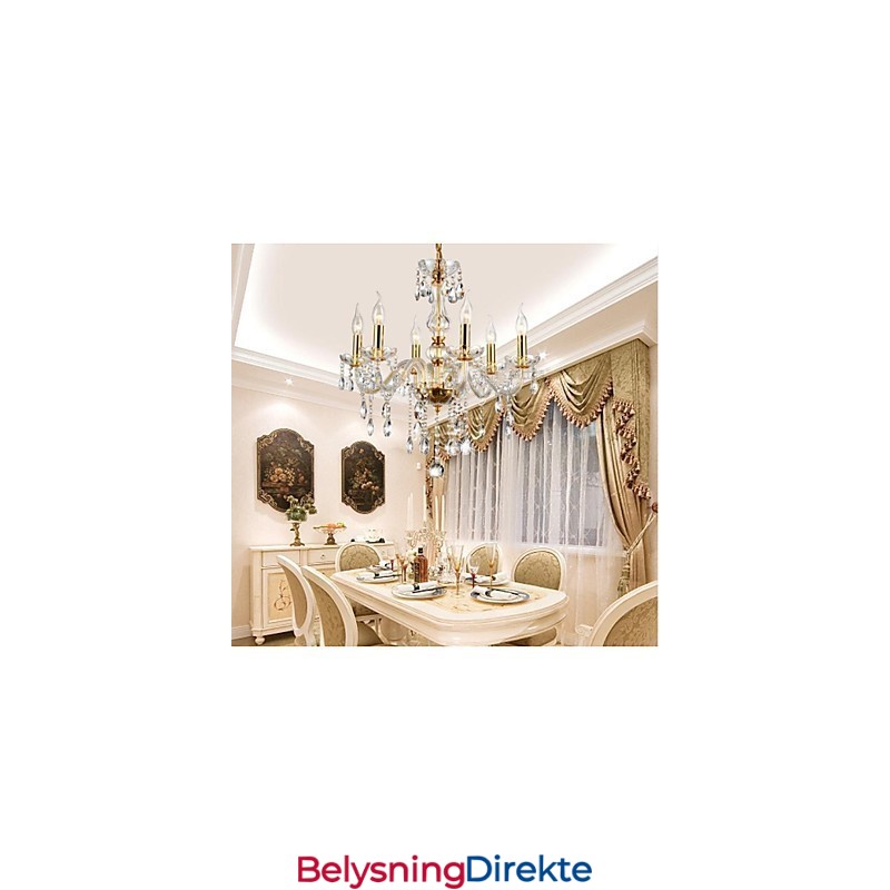 Lysekrone Med 6 Lys I Gyllen Vintage-Stil I Krystall