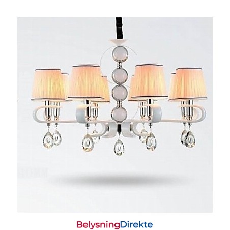 Stofflysekrone Med 8 Lys I Høy Kvalitet, Hvit Jade, Sølvring