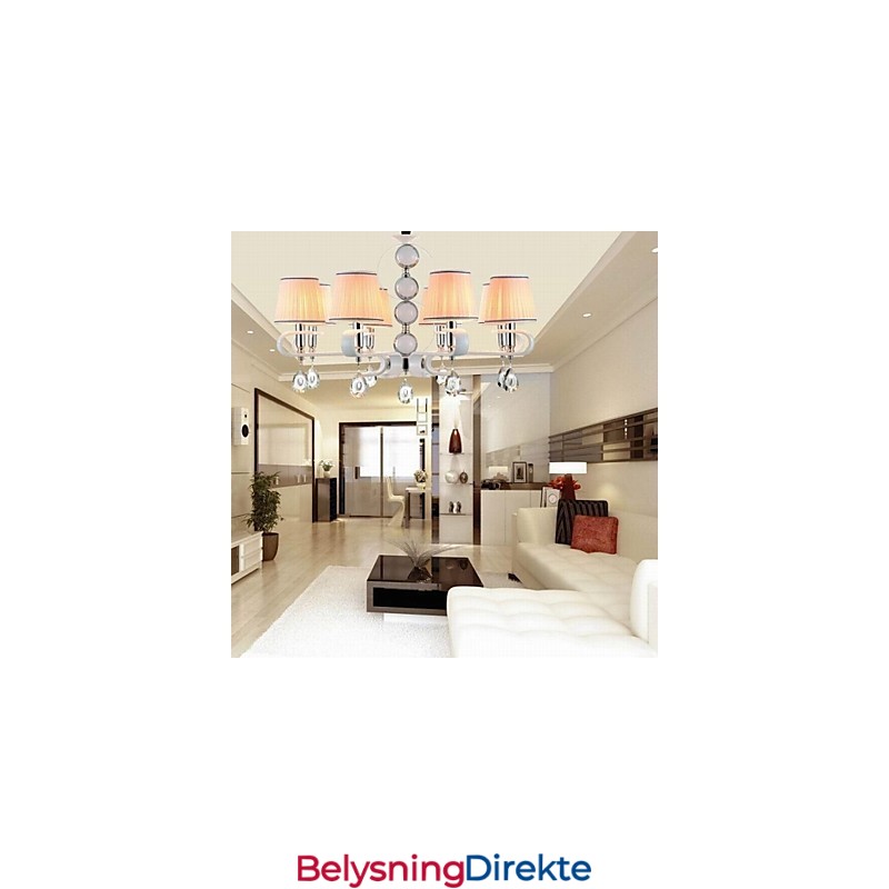 Stofflysekrone Med 8 Lys I Høy Kvalitet, Hvit Jade, Sølvring