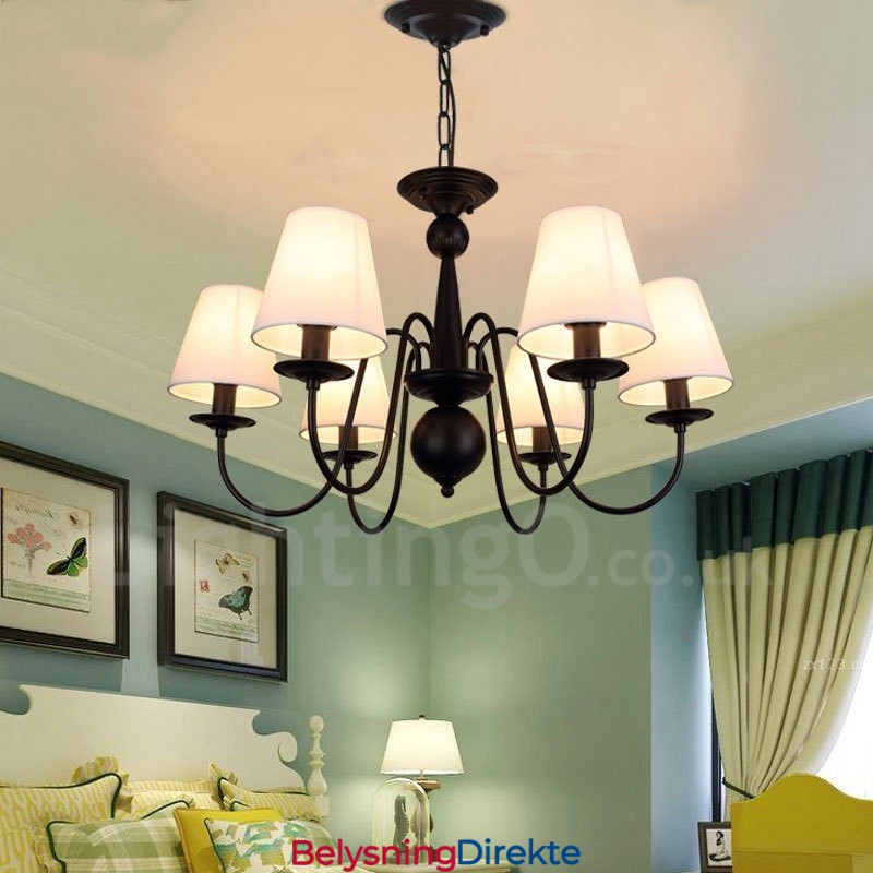 Integrert Metalllysekrone I Rustikk Stil Med 6 Lys Og Stoffskjerm