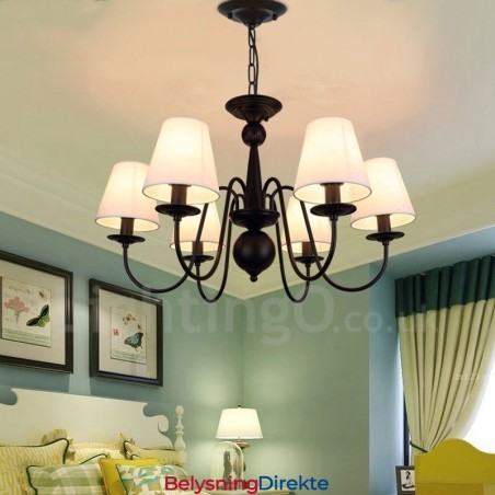 Integrert Metalllysekrone I Rustikk Stil Med 6 Lys Og Stoffskjerm