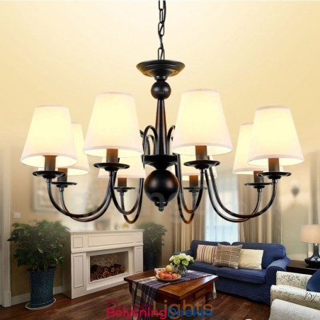 8-Lyss Rustik Lodge Integrert Metalllysekrone Med Stoffskjerm