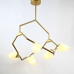 Fem-Lys Postmoderne Metall- Og Glasslysekronelampe I Ferskenfarget Farge, Canteen Decorate-Pendellampe