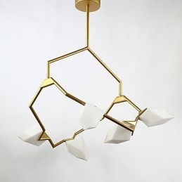 Fem-Lys Postmoderne Metall- Og Glasslysekronelampe I Ferskenfarget Farge, Canteen Decorate-Pendellampe