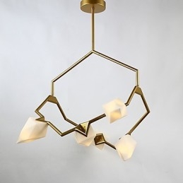 Fem-Lys Postmoderne Metall- Og Glasslysekronelampe I Ferskenfarget Farge, Canteen Decorate-Pendellampe