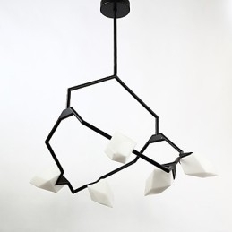 Fem-Lys Postmoderne Metall- Og Glasslysekronelampe I Ferskenfarget Farge, Canteen Decorate-Pendellampe