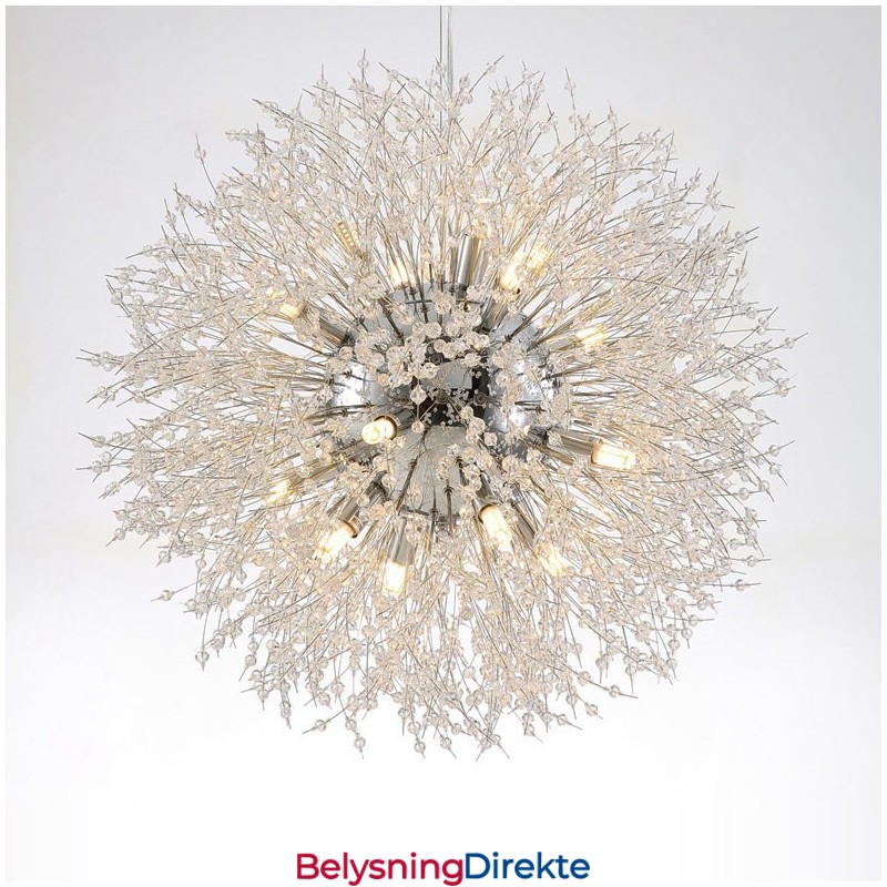 Fyrverkeri Globe Løvetann Kromdetaljer Krystall Metall Lysekrone