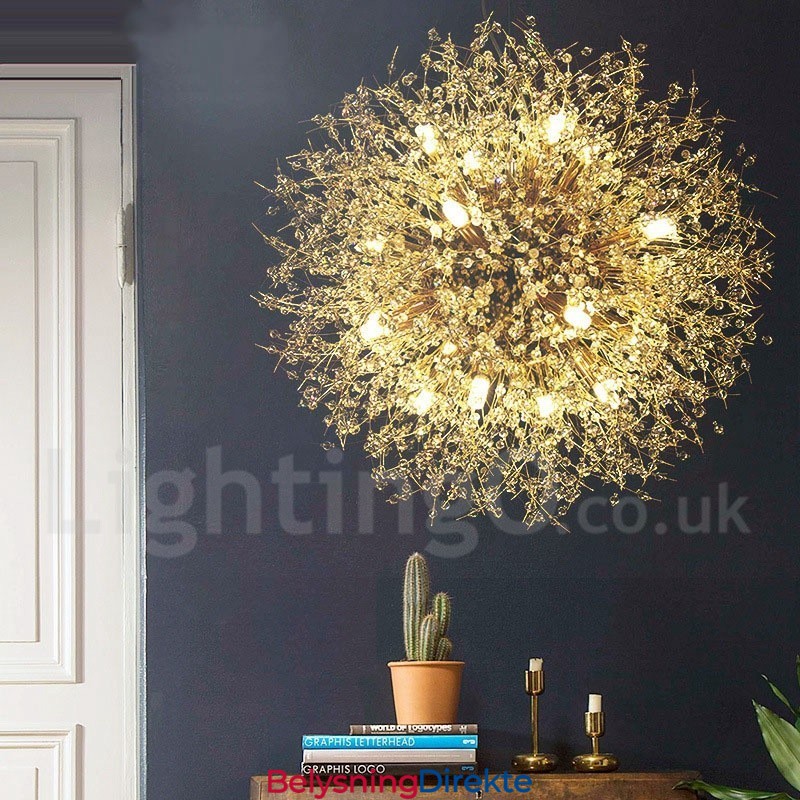 Fyrverkeri Globe Løvetann Kromdetaljer Krystall Metall Lysekrone