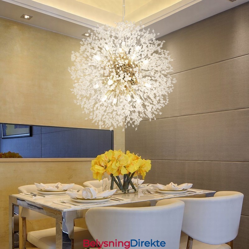 Fyrverkeri Globe Løvetann Kromdetaljer Krystall Metall Lysekrone