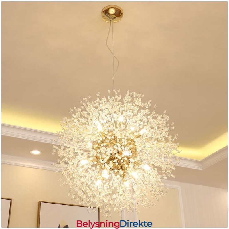 Fyrverkeri Globe Løvetann Kromdetaljer Krystall Metall Lysekrone