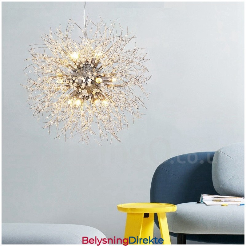 Fyrverkeri Globe Løvetann Kromdetaljer Krystall Metall Lysekrone