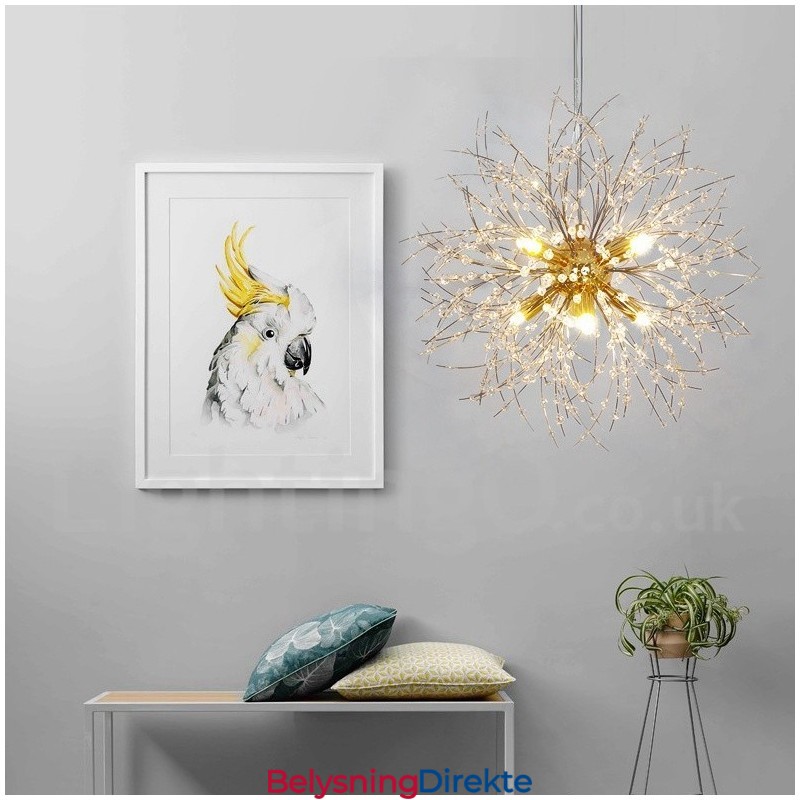 Fyrverkeri Globe Løvetann Kromdetaljer Krystall Metall Lysekrone