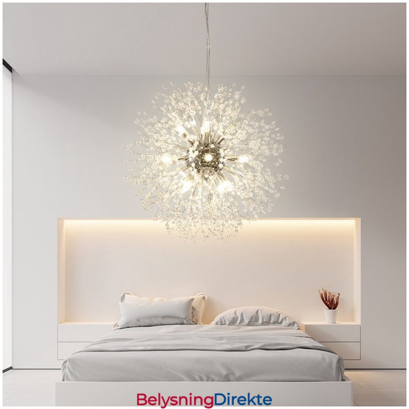 Fyrverkeri Globe Løvetann Kromdetaljer Krystall Metall Lysekrone