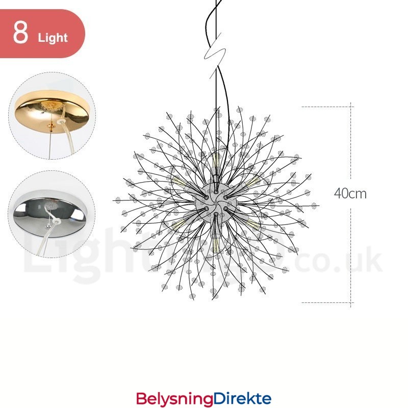 Fyrverkeri Globe Løvetann Kromdetaljer Krystall Metall Lysekrone