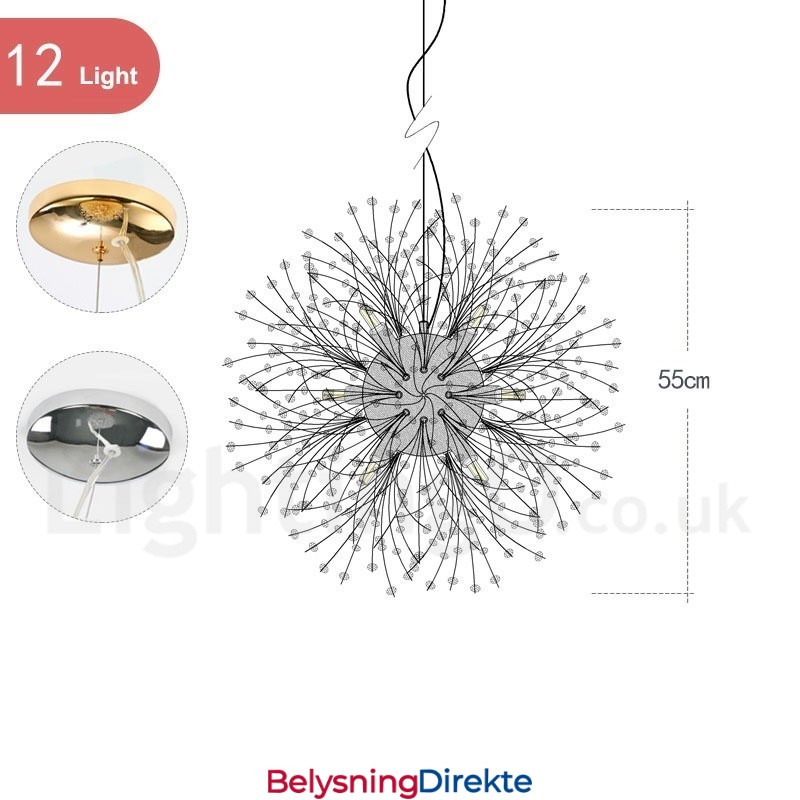 Fyrverkeri Globe Løvetann Kromdetaljer Krystall Metall Lysekrone