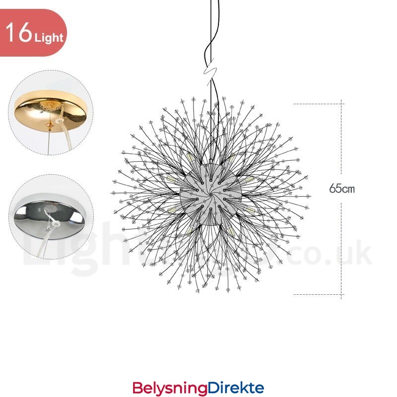 Fyrverkeri Globe Løvetann Kromdetaljer Krystall Metall Lysekrone