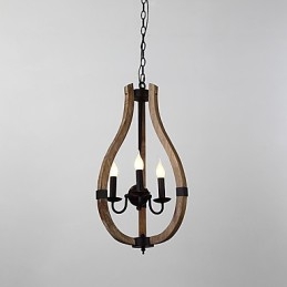 Tre-Lys Vintage Maleri Med Mini-Stil Lysekrone I Tre Og Bambus, Dekorer Pendellampen