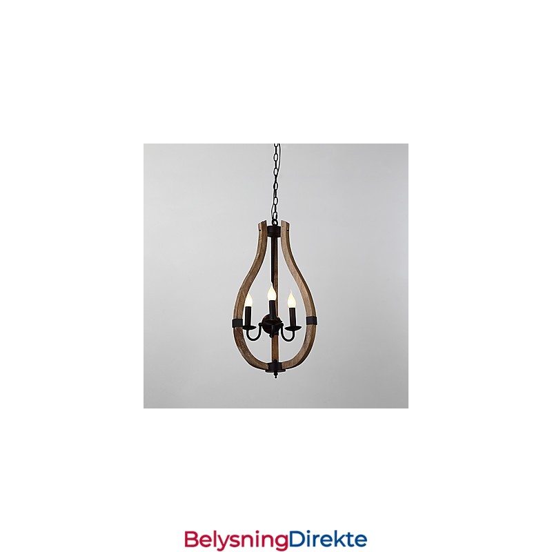 Tre-Lys Vintage Maleri Med Mini-Stil Lysekrone I Tre Og Bambus, Dekorer Pendellampen