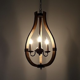 Tre-Lys Vintage Maleri Med Mini-Stil Lysekrone I Tre Og Bambus, Dekorer Pendellampen