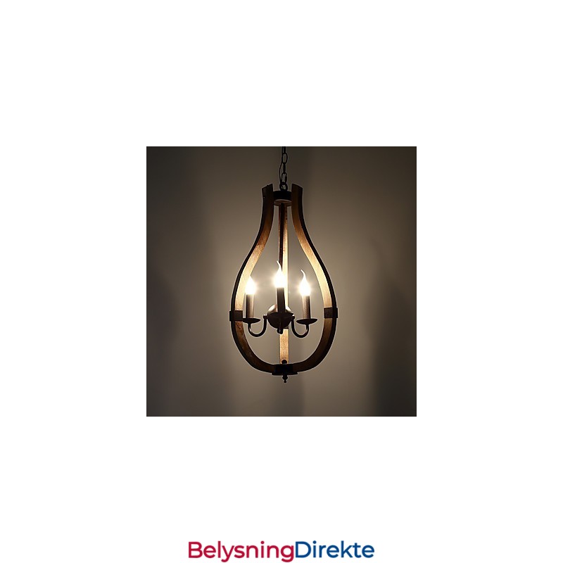 Tre-Lys Vintage Maleri Med Mini-Stil Lysekrone I Tre Og Bambus, Dekorer Pendellampen