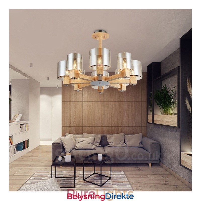 8 Lys Tre Moderne Samtidskunstnerisk Lysekrone I Nordisk Stil Med Glassskjerm