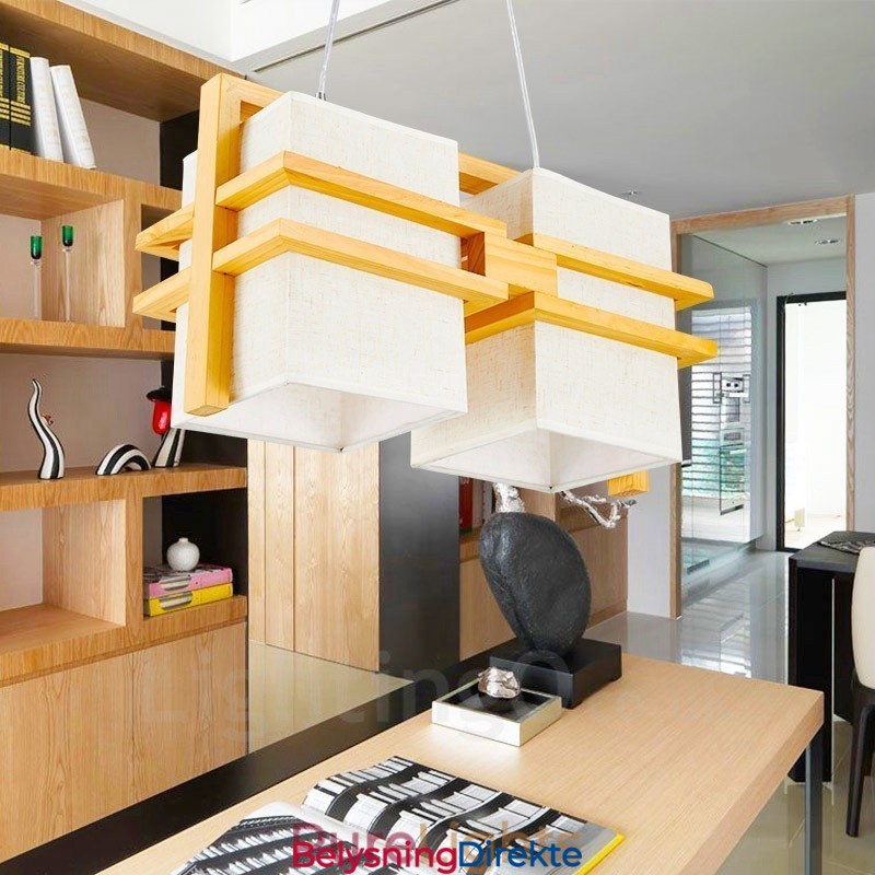 Retro Vintage Pendellampe I Tre Med 2 Lys Og Stoffskjerm