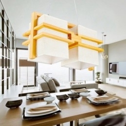 Retro Vintage Pendellampe I Tre Med 2 Lys Og Stoffskjerm