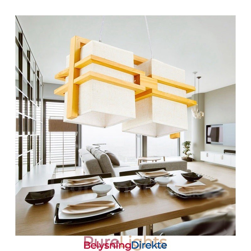 Retro Vintage Pendellampe I Tre Med 2 Lys Og Stoffskjerm