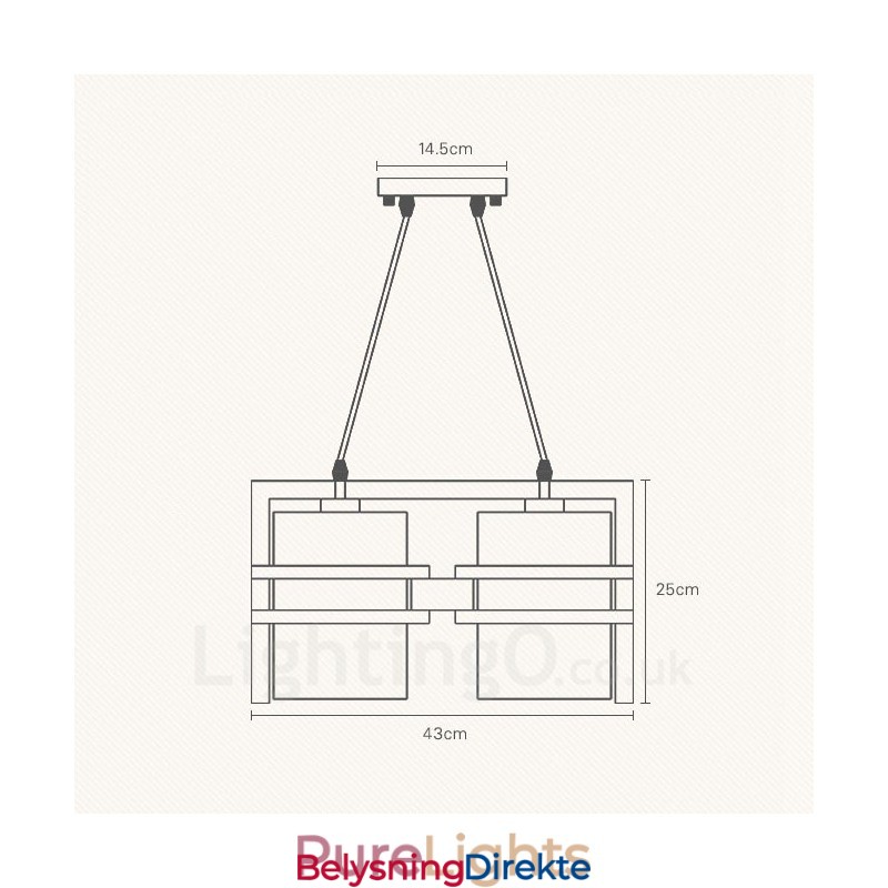 Retro Vintage Pendellampe I Tre Med 2 Lys Og Stoffskjerm