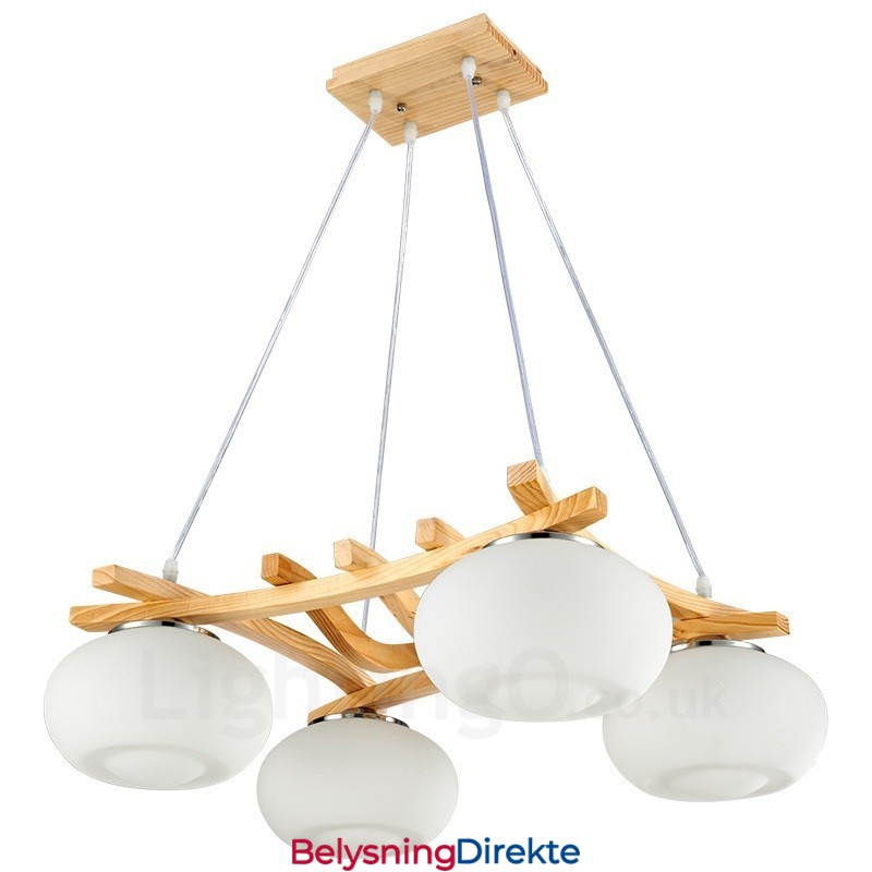 Rustikk Pendellampe I Tre Med 4 Lys Og Glassskjerm