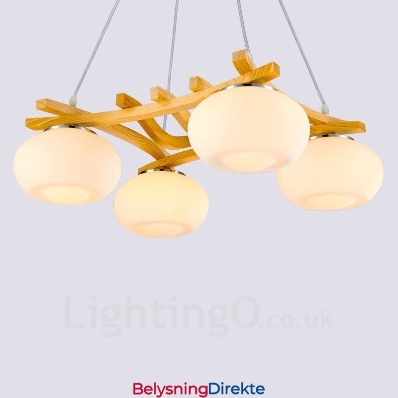 Rustikk Pendellampe I Tre Med 4 Lys Og Glassskjerm