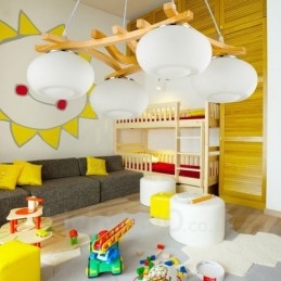 Rustikk Pendellampe I Tre Med 4 Lys Og Glassskjerm