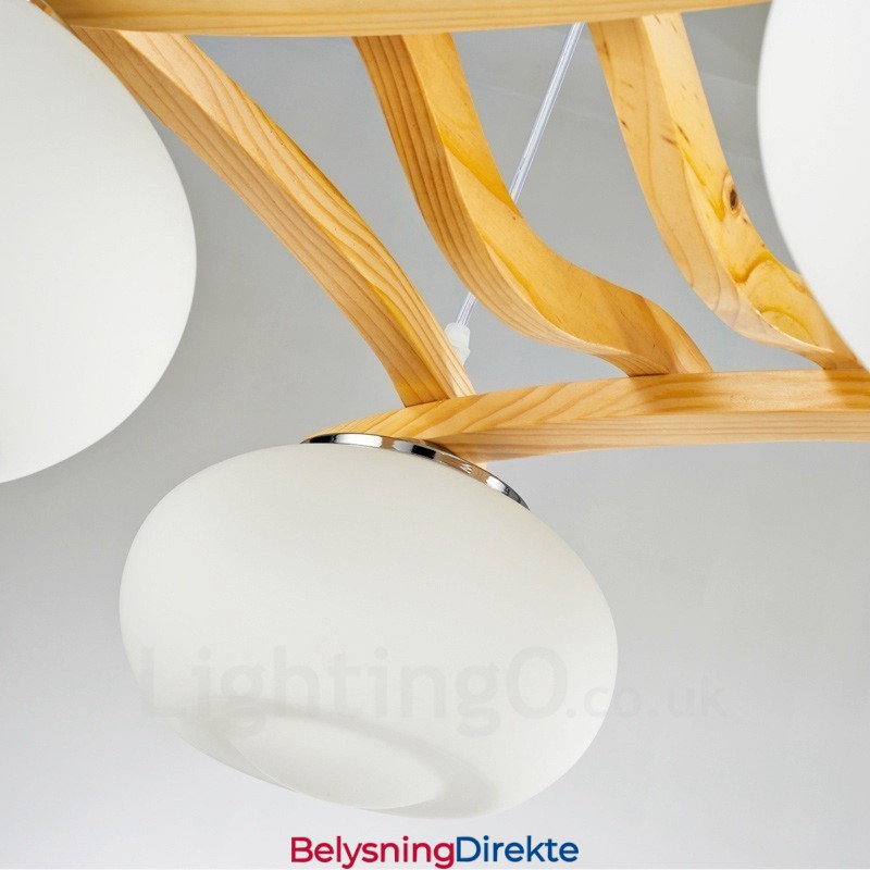 Rustikk Pendellampe I Tre Med 4 Lys Og Glassskjerm