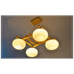 Rustikk Pendellampe I Tre Med 4 Lys Og Glassskjerm