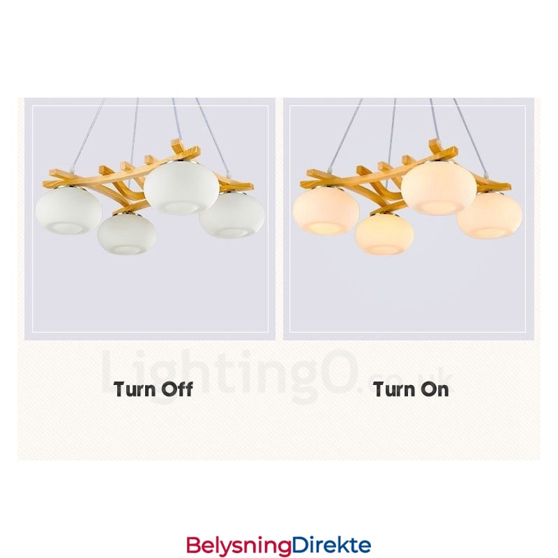 Rustikk Pendellampe I Tre Med 4 Lys Og Glassskjerm