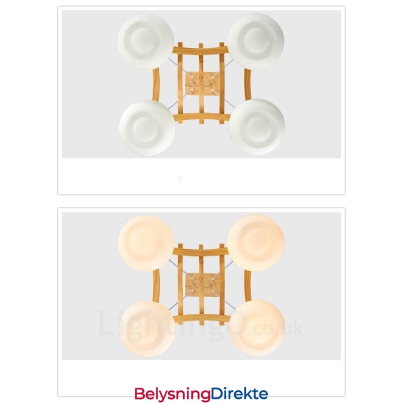 Rustikk Pendellampe I Tre Med 4 Lys Og Glassskjerm