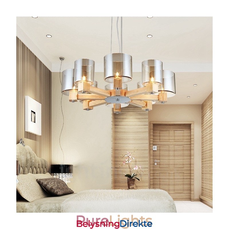 8-Lys Moderne, Samtidskunstnerisk Pendellampe I Tre Med Glassskjerm