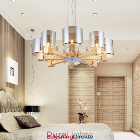 8-Lys Moderne, Samtidskunstnerisk Pendellampe I Tre Med Glassskjerm