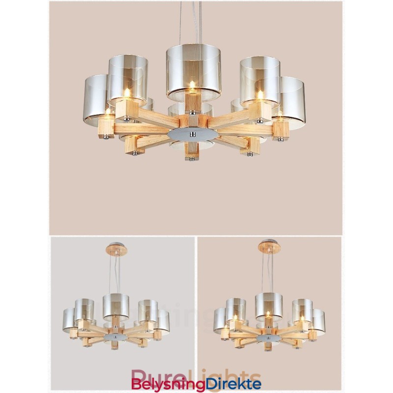 8-Lys Moderne, Samtidskunstnerisk Pendellampe I Tre Med Glassskjerm