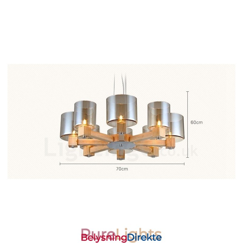 8-Lys Moderne, Samtidskunstnerisk Pendellampe I Tre Med Glassskjerm