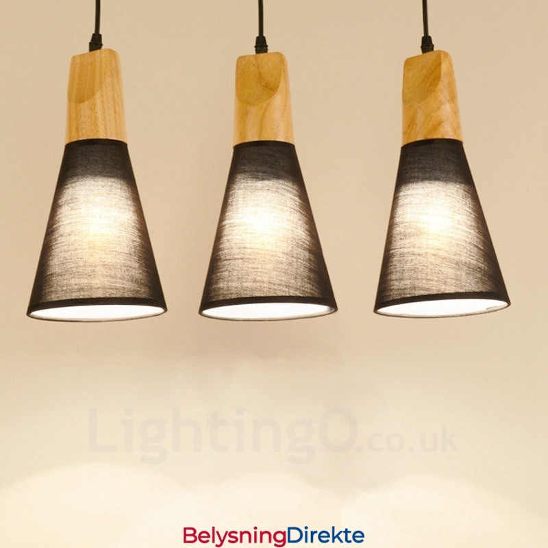 Moderne Og Moderne Pendellampe I Tre Med 3 Lys Og Stoffskjerm