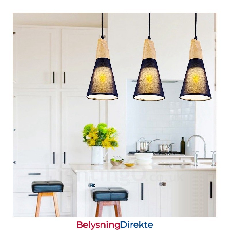 Moderne Og Moderne Pendellampe I Tre Med 3 Lys Og Stoffskjerm