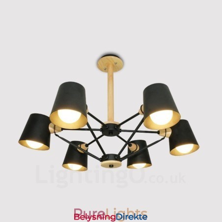 6 Lys Moderne Og Nordisk Pendellampe I Tre Med Jernskjerm