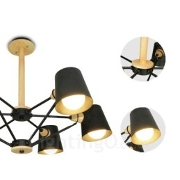 6 Lys Moderne Og Nordisk Pendellampe I Tre Med Jernskjerm