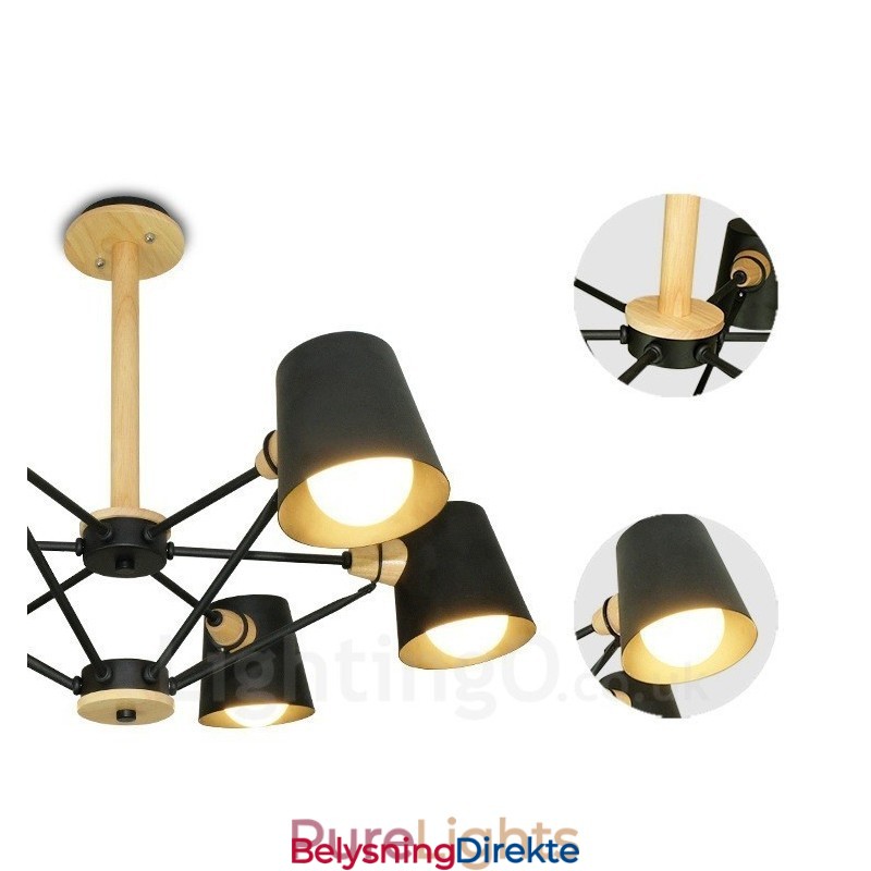 6 Lys Moderne Og Nordisk Pendellampe I Tre Med Jernskjerm